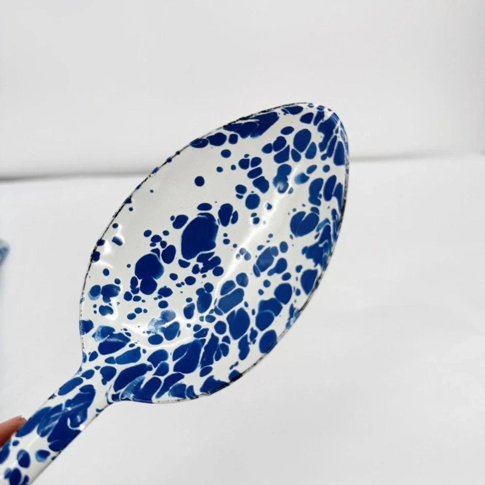 Crow Canyon Enamelware Ladle & Spoon Set Blue Marble Splatter VTG Kitchen
